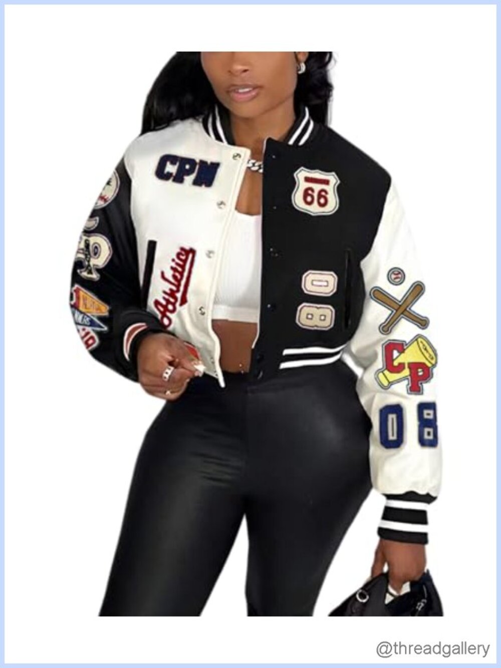 Women's Cropped Varsity Jacket with Patches Print Faux Leather Bomber Coat